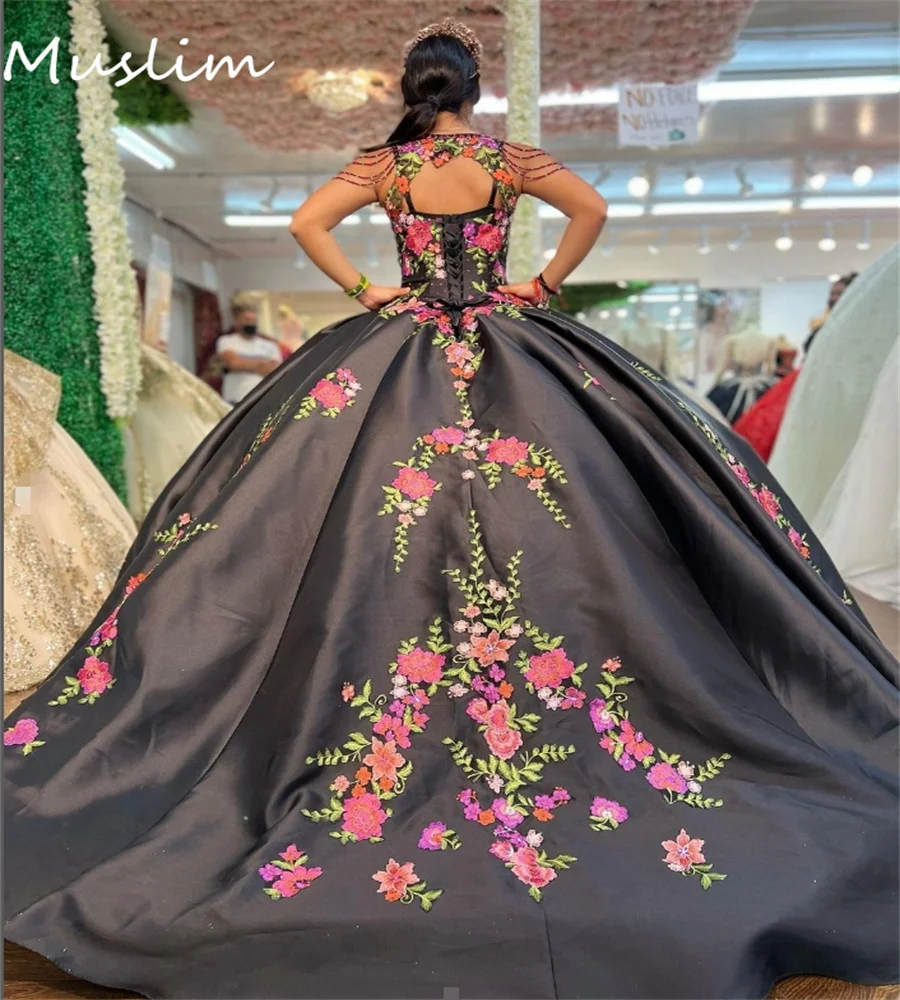 Princess Black Mexican Quinceanera Dresses Culture Charro México V Neck Colorful Flowers vestidos de 15 años quinceañeras 2024