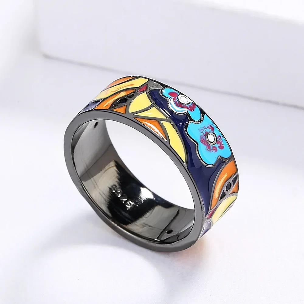 Women's Handmade Blue Spinel Bird Flower Enamel Ring
