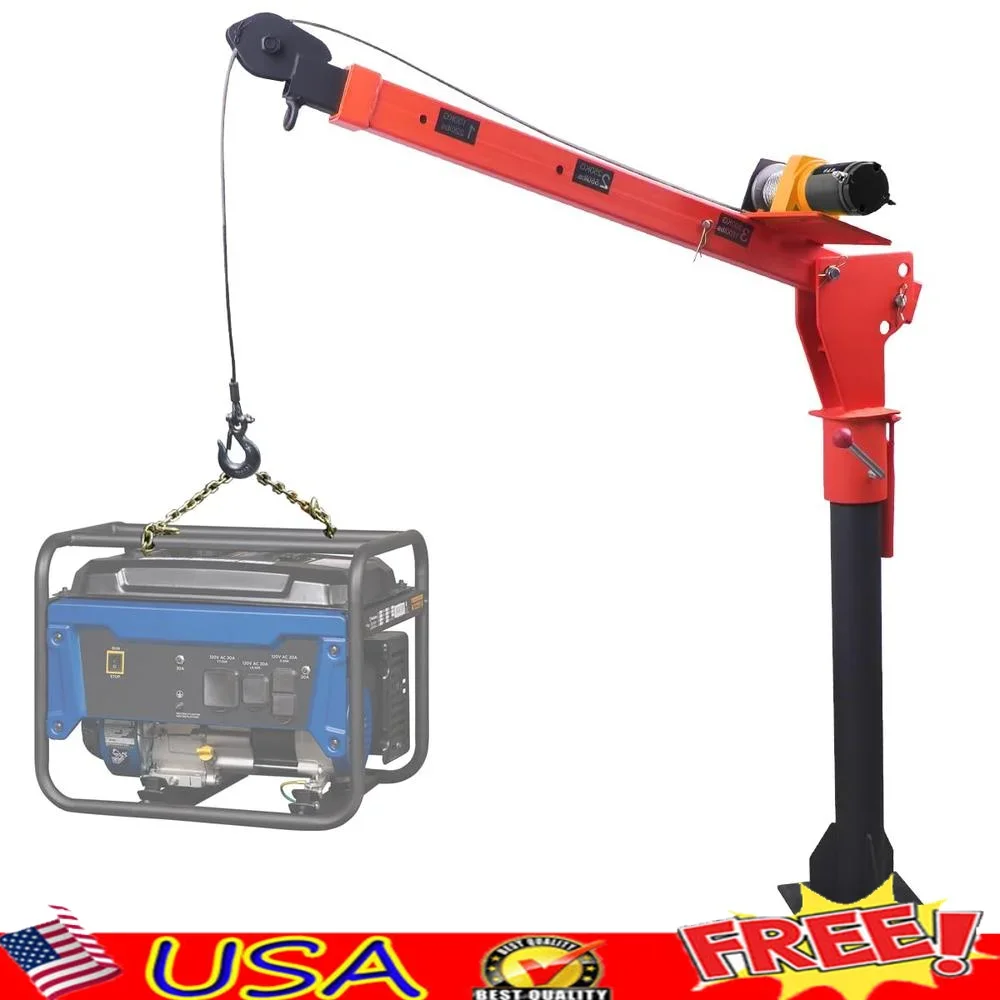 1100lb Folding Truck-Mounted Crane with 3500 lb 12V Electric Winch Adjustable Boom Length Generators Engines and Compressors