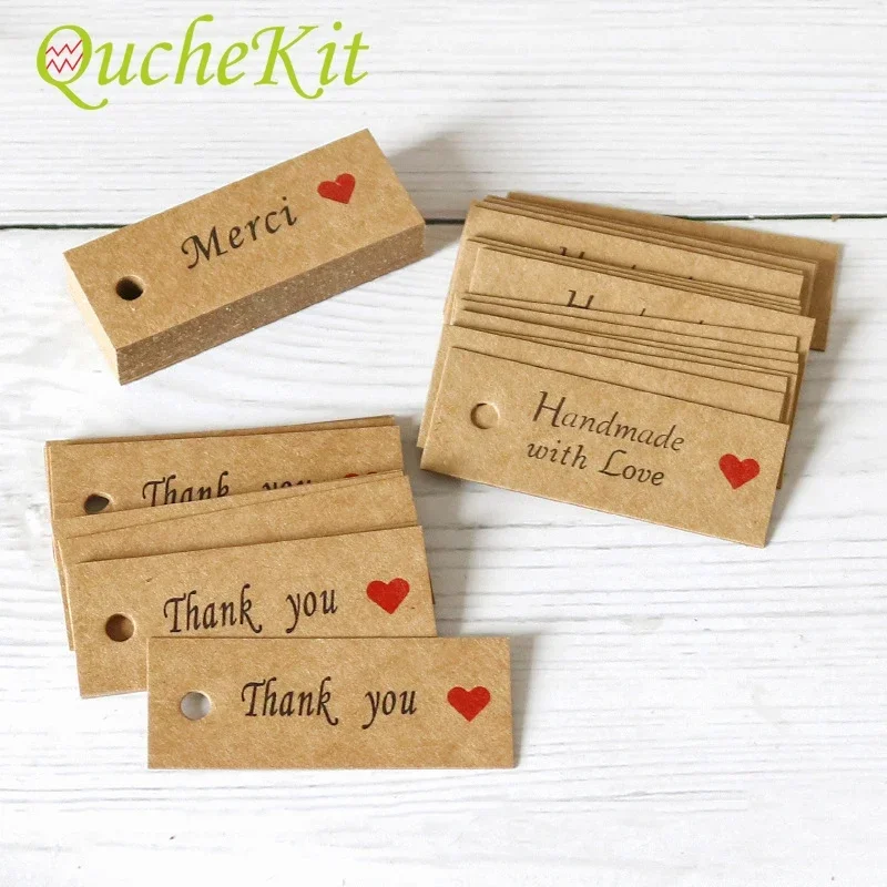 100Pcs Gift Bags Hang Tags Merci Thank You Handmade Gift Tag Labels Merry Xmas Packaging Tags DIY Wedding Party Gift Paper Label