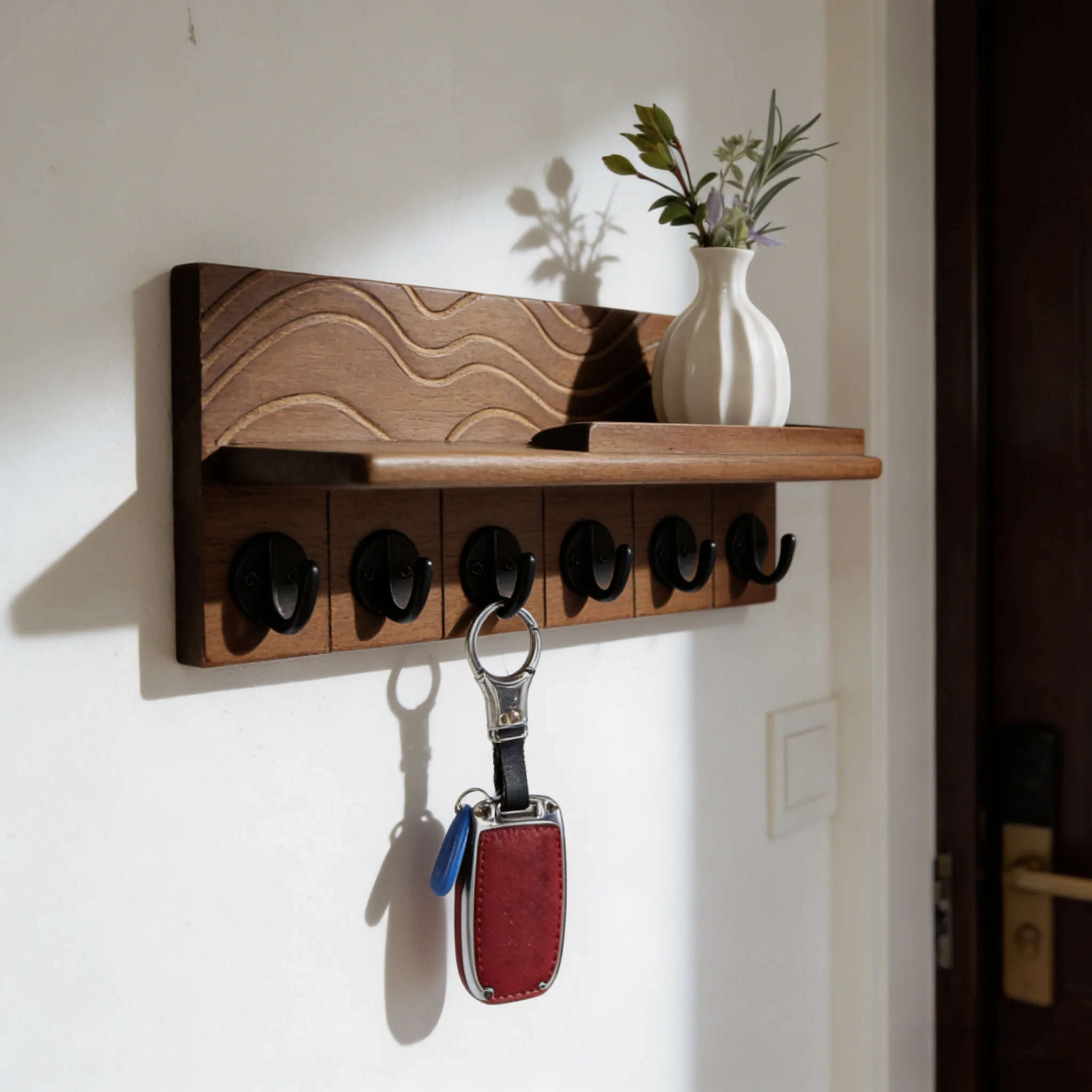 Image of Schlüsselhalter Wanddekoration - Massives Kiefernholz mit 6 Haken und extra tiefem Ablagefach, handpoliert und gefärbt, einfach zu montieren