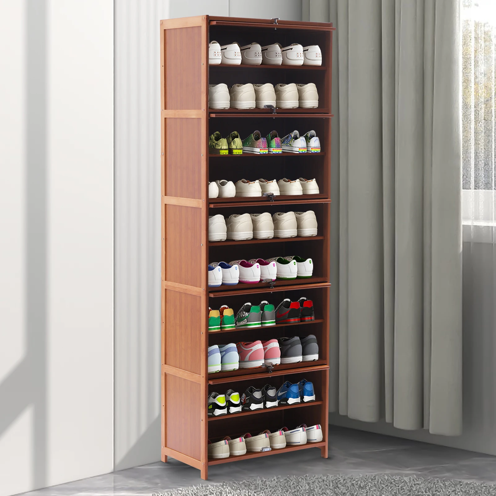 Armário de armazenamento de sapatos de bambu de 11 camadas com portas - 60 cm de altura, comporta 20 pares, independente para entrada, sala de estar, marrom