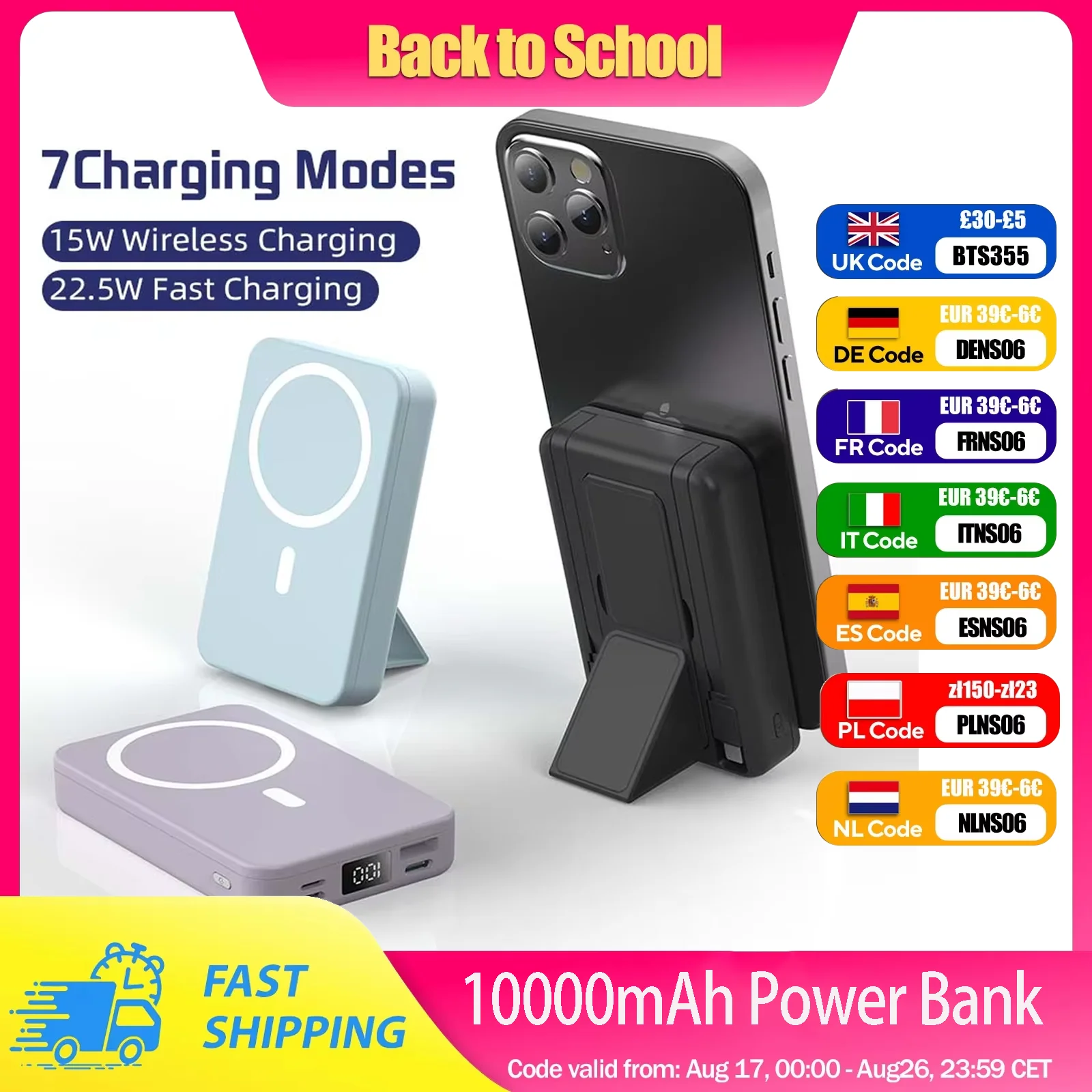 10000mAh Tragbare Magnetische Kabellose Powerbank, 22,5W Schnellladung Kompatibel mit Allen Smartphones, Mobile Stromversorgung mit Rückenclip & Faltbarem Desktop-Ständer