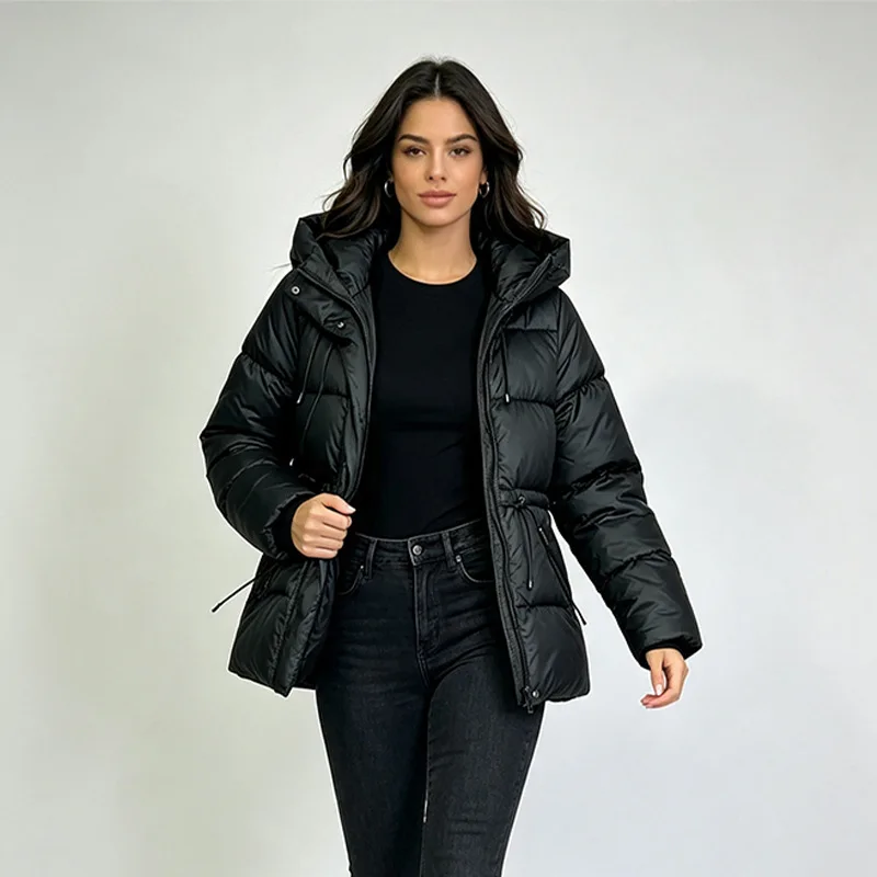 Autumn Winter Women Slim Hooded Padded Jacket 2026 New Solid Waist-cinching Zipper Parka Coat Casual Slim Outwear Overcoat