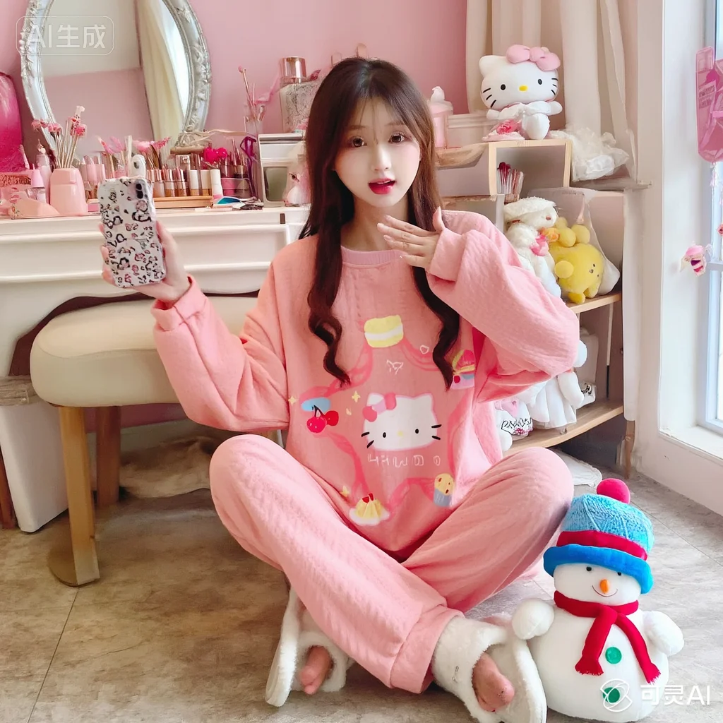 

Пижамы Sanrio Hello Kitty, милые, свежие, осенне-зимние, милые, Kawaii, для отдыха, для сна, для дома, из чистого хлопка, удобные для девочек, новинка