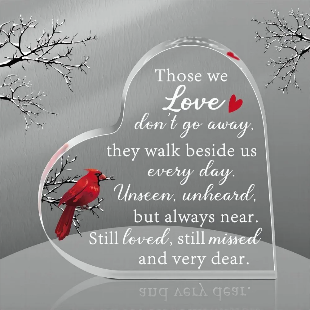 Unique Home/Office Decor – Cardinal Design Heart Acrylic Memorial Sign, Thoughtful Her/Sister Birthday Gift