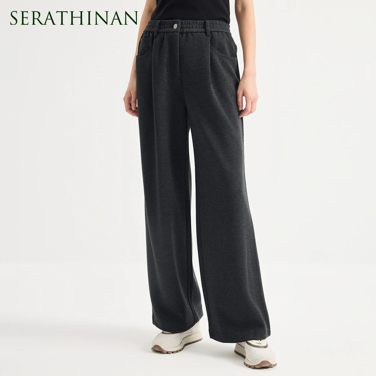 KT7623970 Women's Elastic Waist Wide Leg Sweatpants Patch Pocket Lurex Chain Detail Center Crease Relaxed Athleisure Autumn