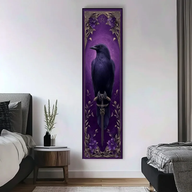 Gothic Raven Sword Tapestry Purple Pentagram Vertical Long Banner Wall Hanging Decor