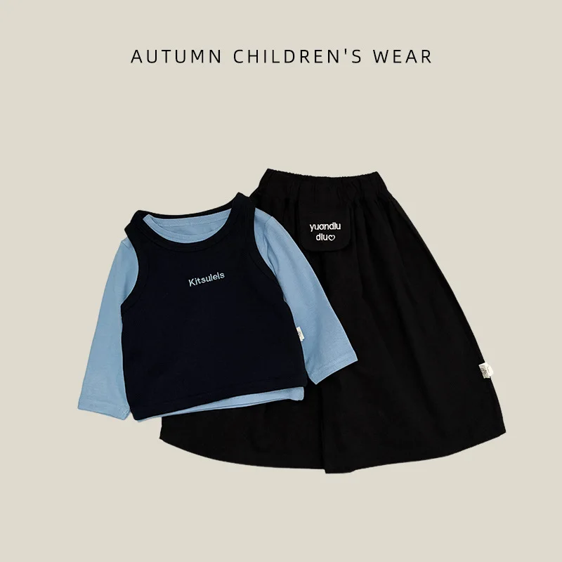Girls Suit 2026 Spring and Autumn New Children's Clothing Girls' Baby Fashion Splicing Fake Two T-shirts Wide-leg Pants Two Sets