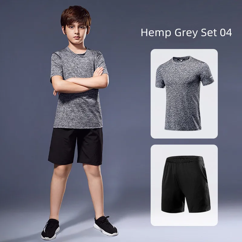 Jungen-Sportbekleidungsset, schnelltrocknend, kurzärmeliges T-Shirt, Shorts, atmungsaktiv, zum Laufen, für das Fitnessstudio, für das Training, Sommer, zweiteiliges Outfit. – Detail 13