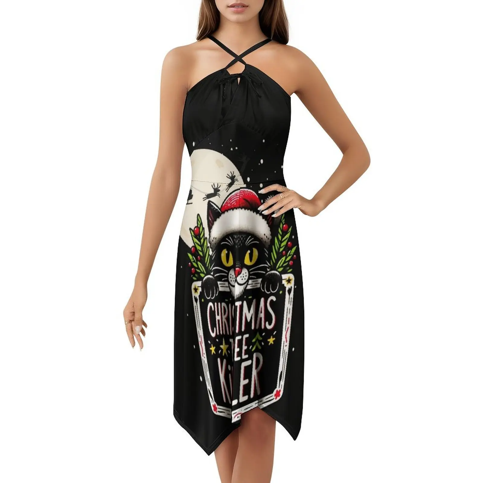 فستان على الطراز الكوري لشجرة عيد الميلاد للنساء، فستان كاجوال أنيق للحفلات أو الارتداء اليومي، Cat Kill Santa Scaredy Cat