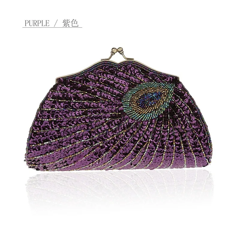 Vintage Women\'s Clutches Evening Bags with handle Peacock Pattern Sequins Beaded Bridal Clutch Purse luxury mini handbag WY146