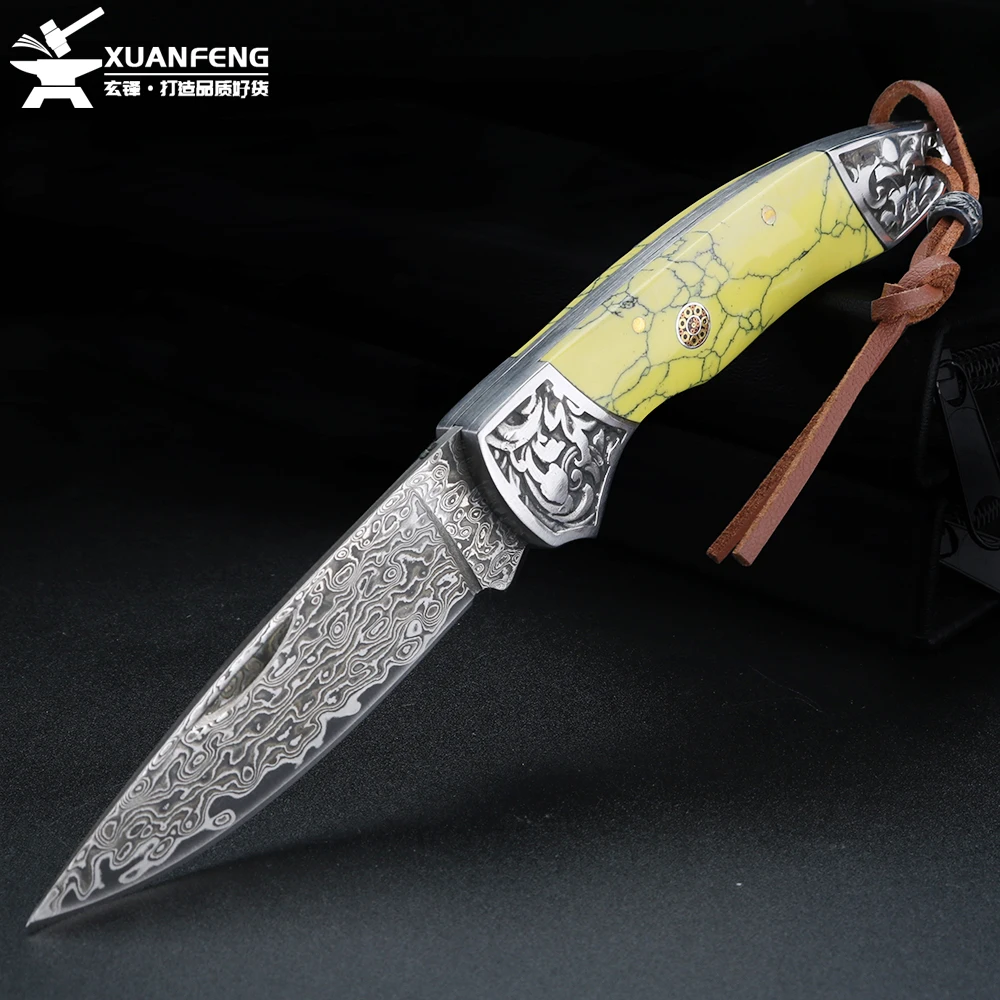 XUANFENG Damascus Outdoor Knife Exquisite Pattern Fruit Knife Portable Folding Knife Pocket Knife