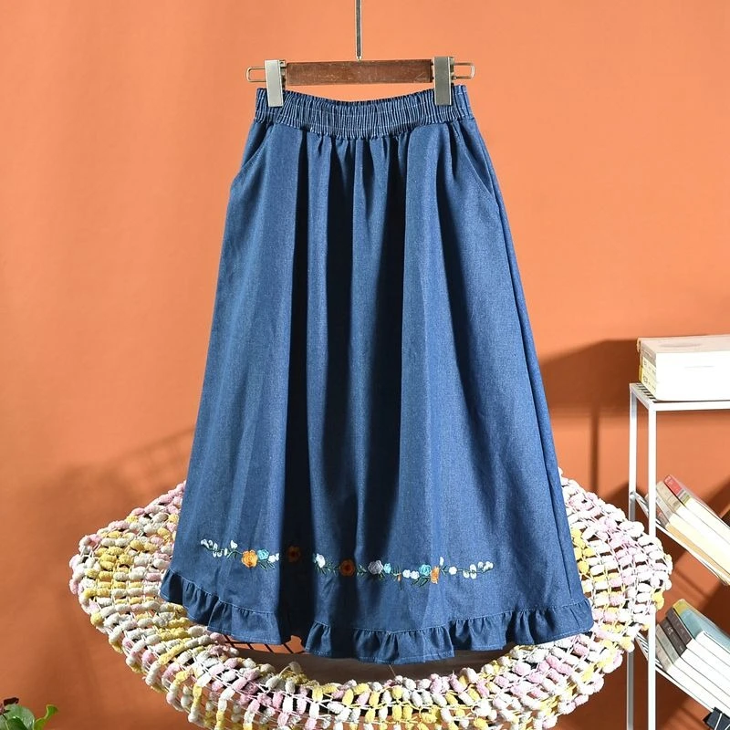 Summer 2026 Elastic Waisted A-Shaped Midi Skirt Loose Embroidery Blue Soft Denim Versatile Leisure Simple Women's Skirt