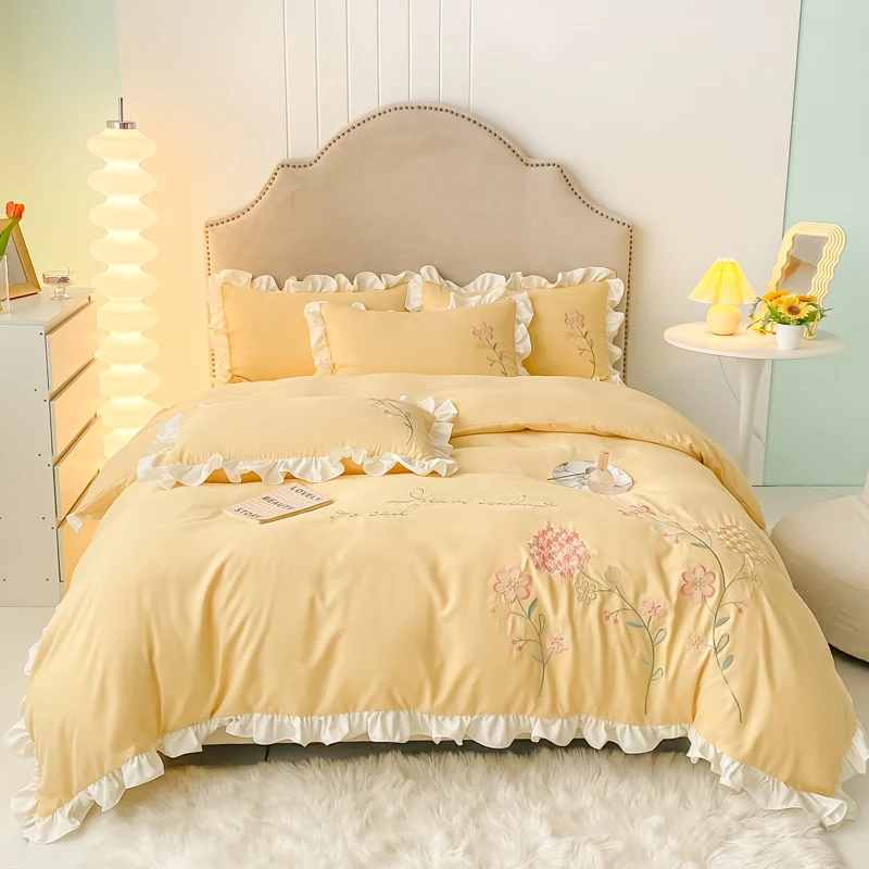 Cute Floral Bedding Set for Girls Boys Kids Single Queen Size Embroidery Duvet Cover with Ruffles Pillowcase Yellow Home Textile