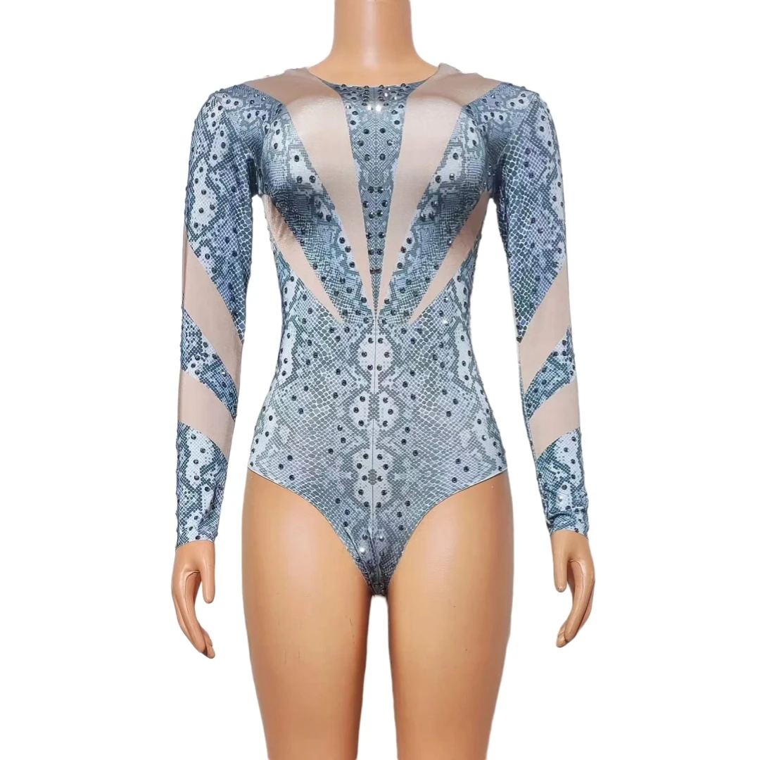 Bodysuits brilhantes strass stretch para mulheres, elastano, manga longa, traje de dança de uma peça, acessórios fotoshoot, roupas drag queen