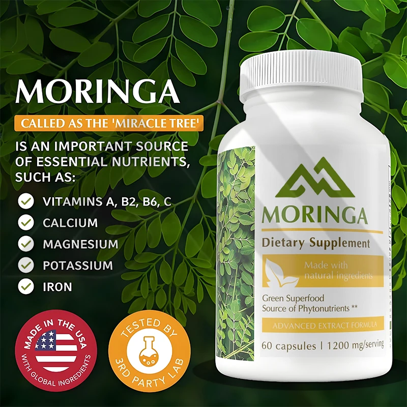 Cápsulas Moringa - Suplemento natural em pó Moringa - Folha de Moringa e óleo de Moringa para suporte imunológico e articular -60 cápsulas