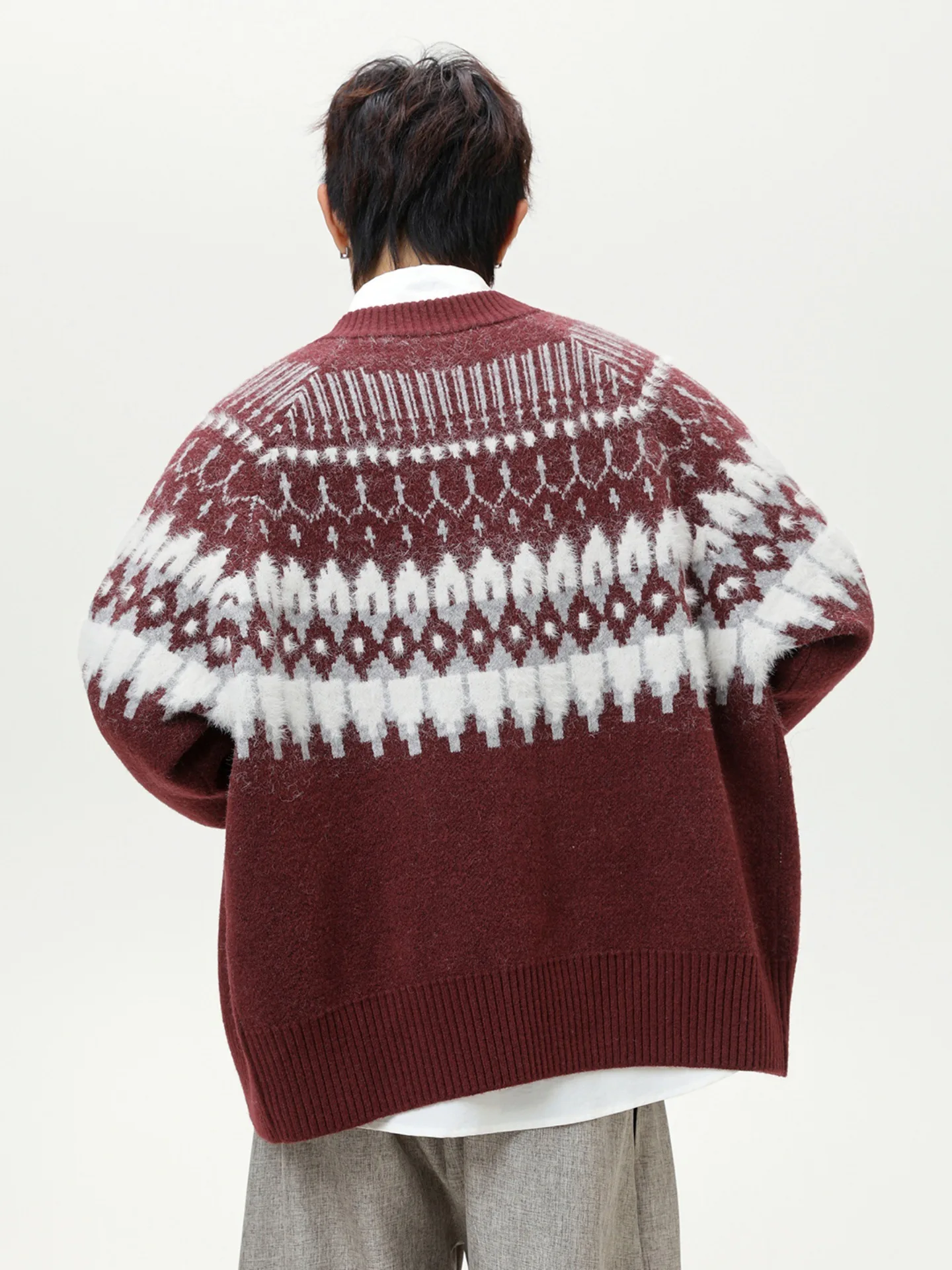 Fair Isle Cardigan Sweater for Men - Autumn/Winter Vintage-Style Faux Mink Fur Ethnic-Inspired Soft Textured Knit Outerwear