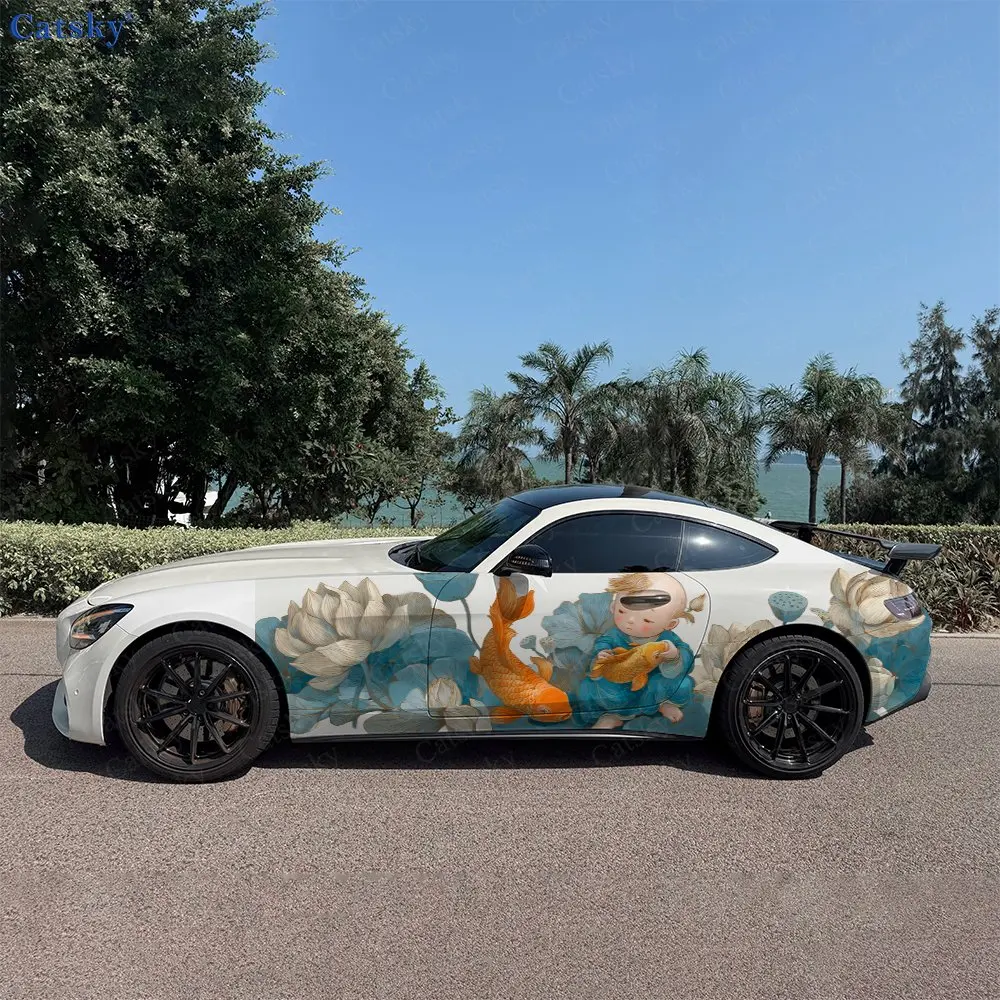 2pcs Lucky Kid Koi Blessing Soul, Durable, Fade-resistant, Enhance Vehicle Aesthetics With Bold Artistic Design Car Vinyl Wraps