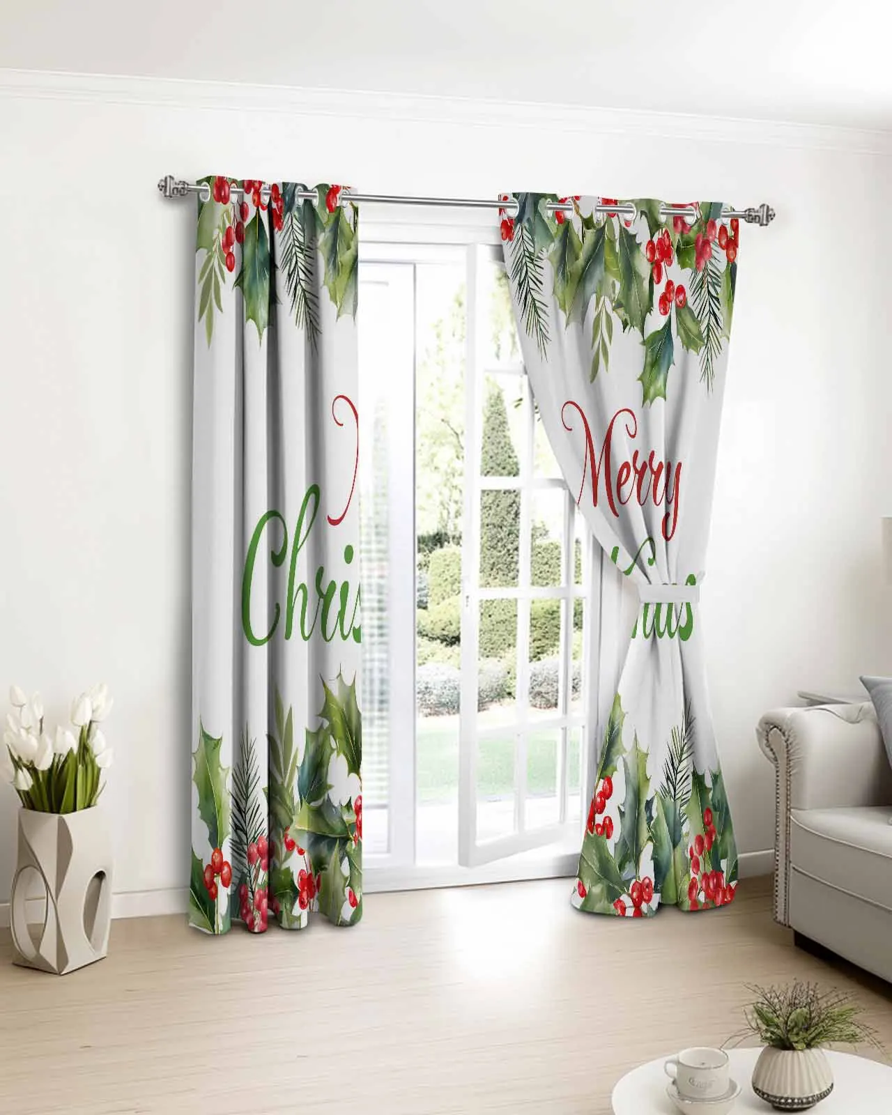 

2pcs, 1 panel Letters Merry Christmas Pine Leaf Polyester Window Curtains For Living Room Kitchen Bedroom Drapes