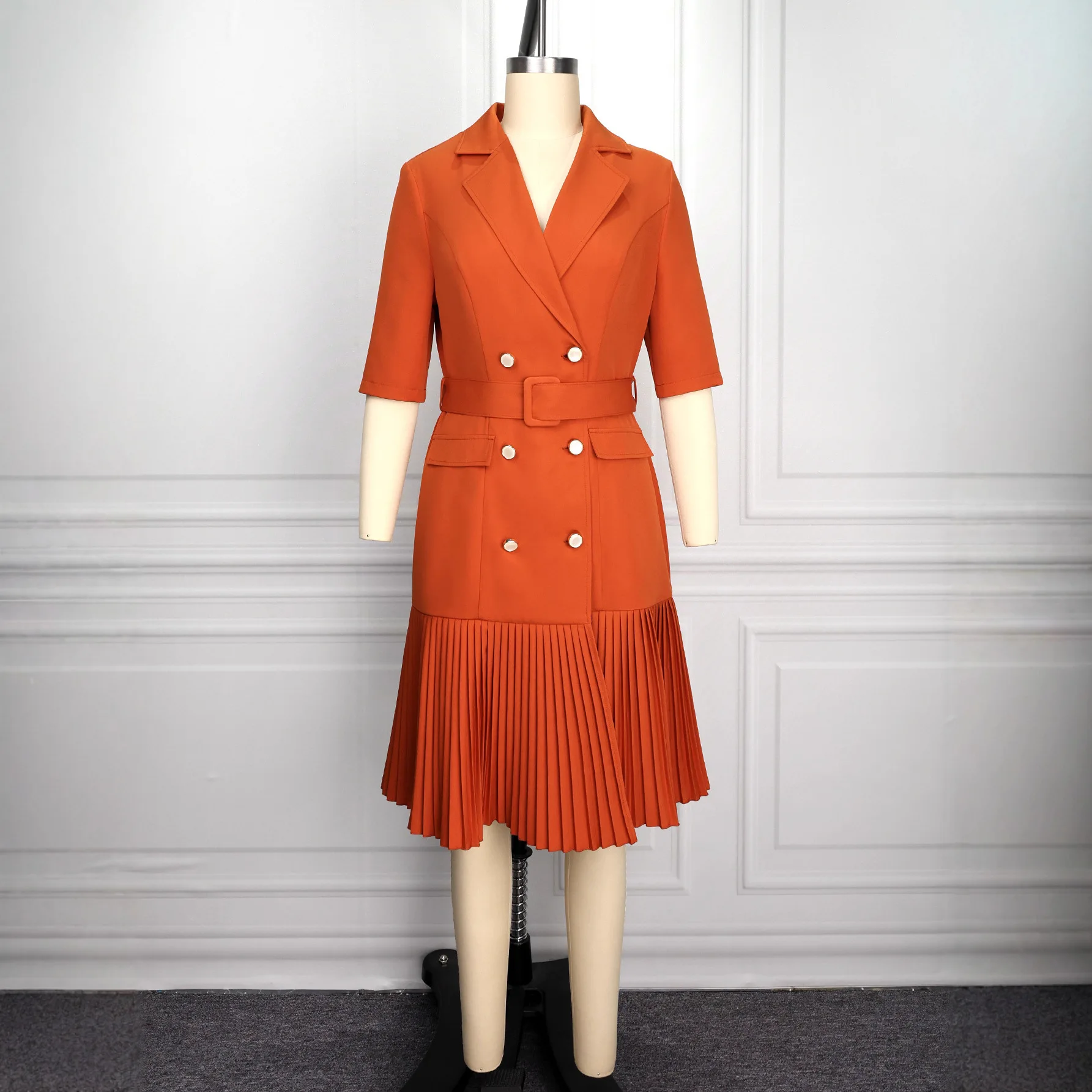 

Elegant African Party Evening Dresses for Women Autumn Spring African V-neck 3/4 Sleeve Polyester Pleat Midi Dress Outfits