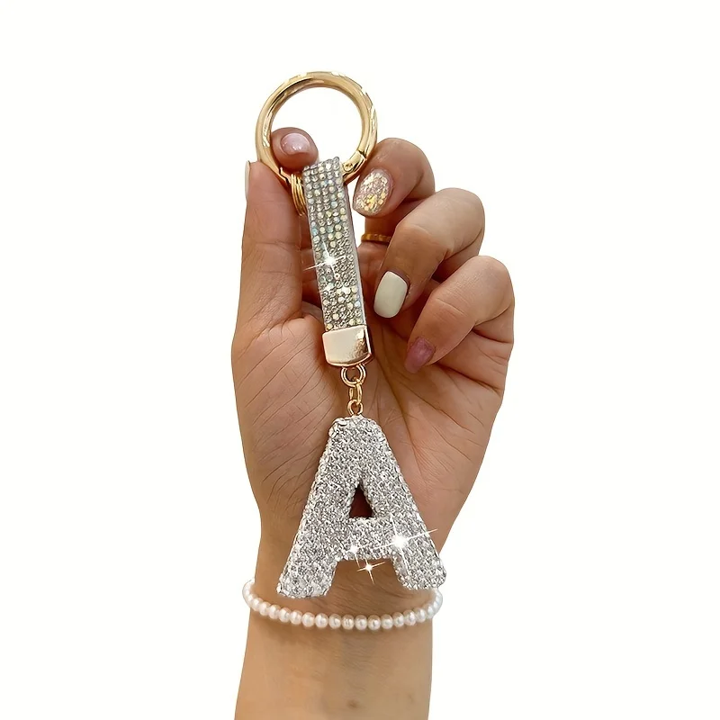 1pc Sparkling Rhinestone Alphabet Keychain, Alloy Round Letter Charm with Ring Buckle, Decorative Crystal Pendant Accessory