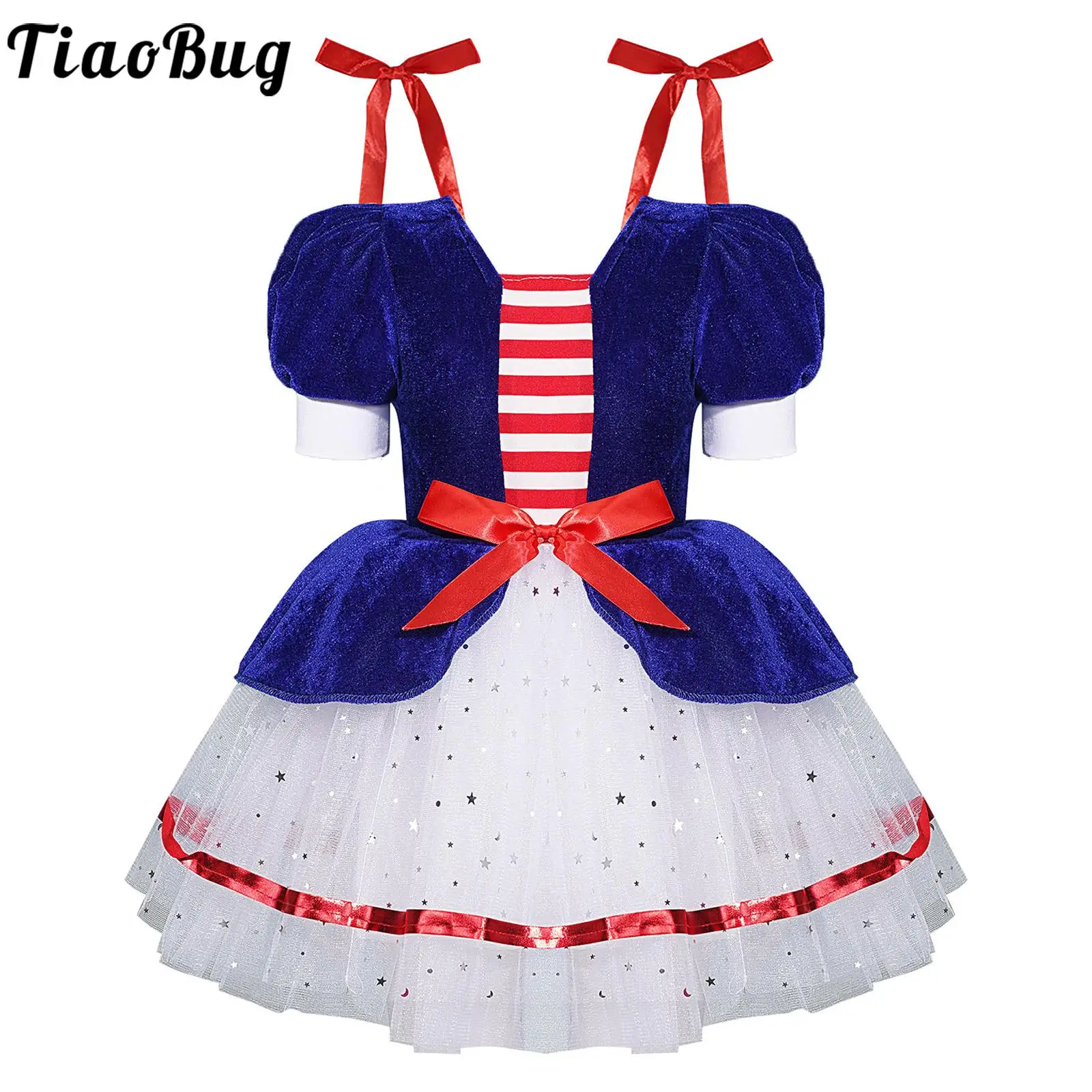 Kids Girls Ballet Dance Dress Halloween Princess Cosplay Stage Performance Dancewear Puff Sleeve Tutu Dress with Ribbon Bowknot