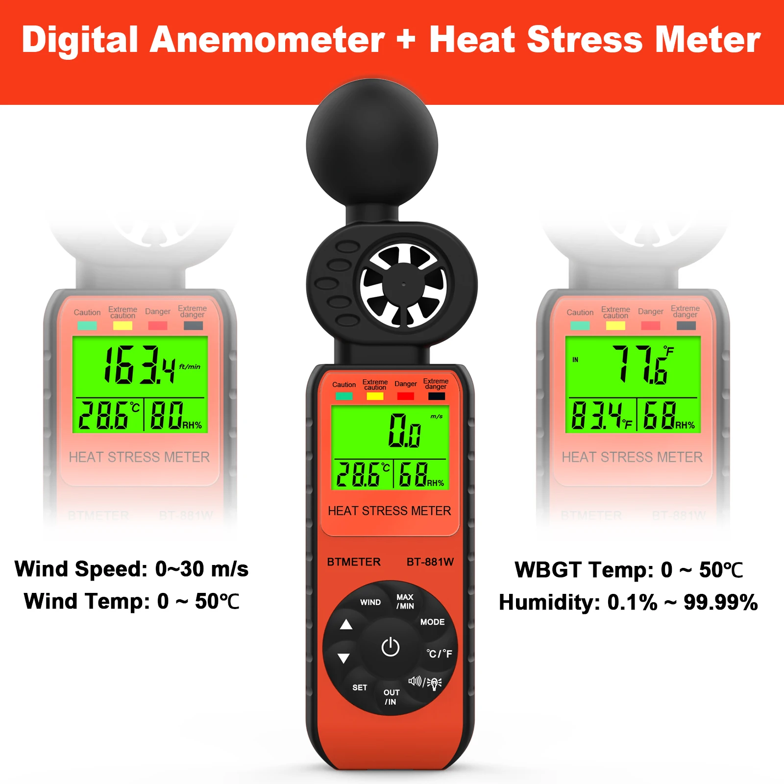 BT-881W Heat Stress Monitor, 3-in-1: Wet Bulb Globe Thermometer, Anemometer, WBGT Alarm. Measures wind, humidity, temp (℃/℉).