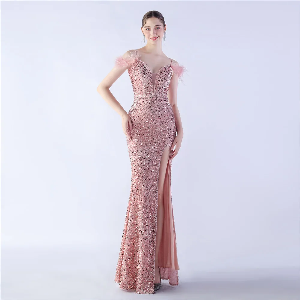 

Blue Sequins Spaghetti Strap Mesh Patchwork Elegant Dress Women Sexy Sleeveless Feathers Bodycon Celebrity Evening Party Dress