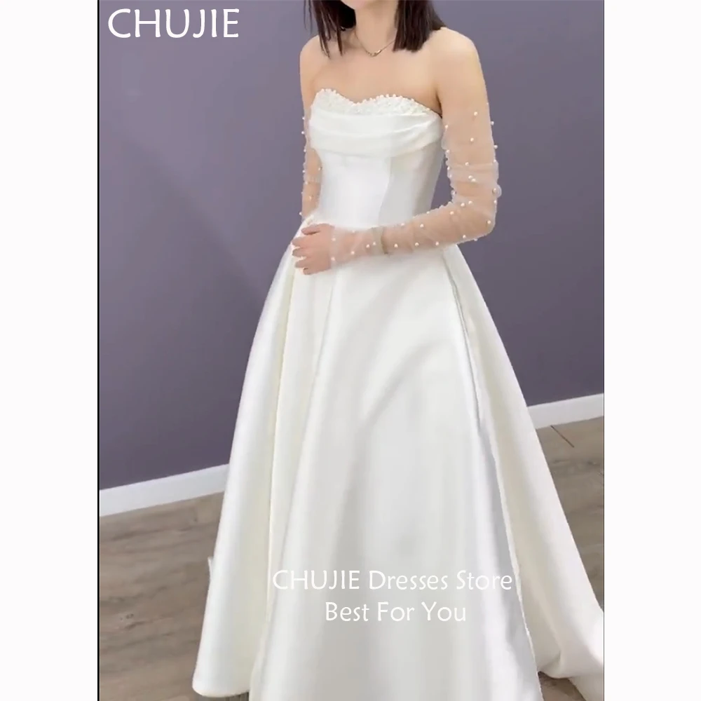 ชุดแต่งงานแบบจีบระบายประดับมุก ผ้าซาตินคลาสสิก ชุดเจ้าสาวผู้หญิง สง่างาม สามารถสั่งตัดได้ ชุดแต่งงานผ่าข้าง