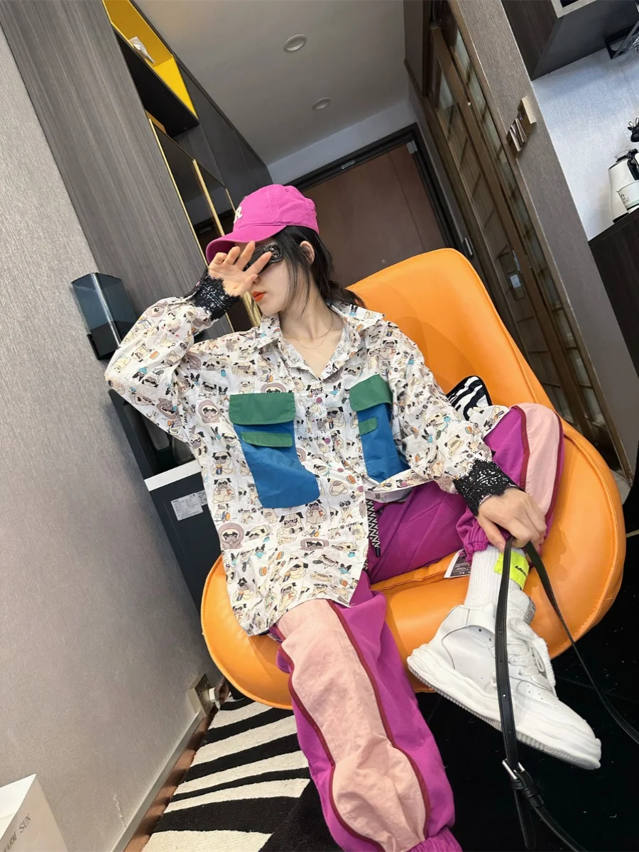 Spring Summer Mid-Length Cartoon Multicolor Printing Large Pocket Shirt Women Loose Slimming Single-Breasted Long Sleeve Top