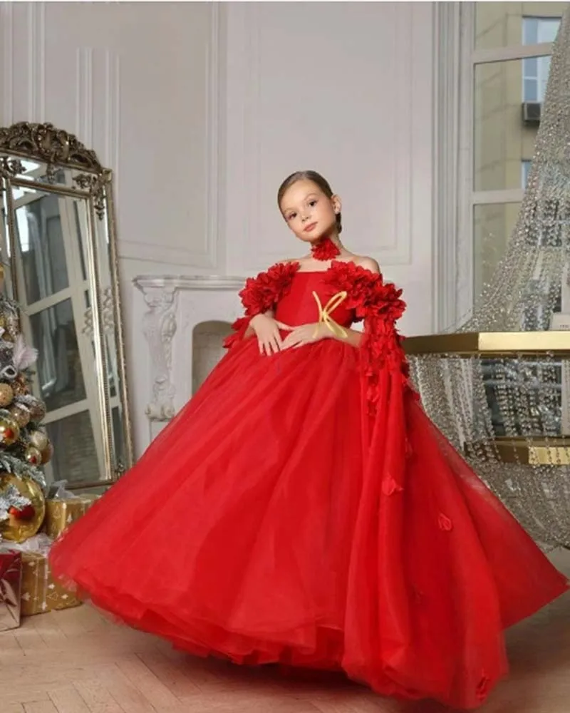 

Red Flower Girl Dresses For Wedding Puffy Tulle Applique Off The Shoulder Princess Dress Baby First Communion Ball Gowns