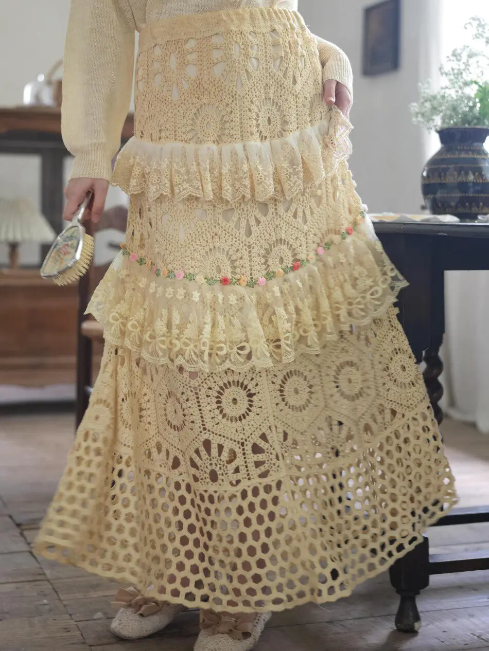 66-90cmWaist Spring Autumn Long Skirts Women Mori Style Elegant & Romantic Handmade Rose Lace Embroidery Cutouts & Crochet Skirt