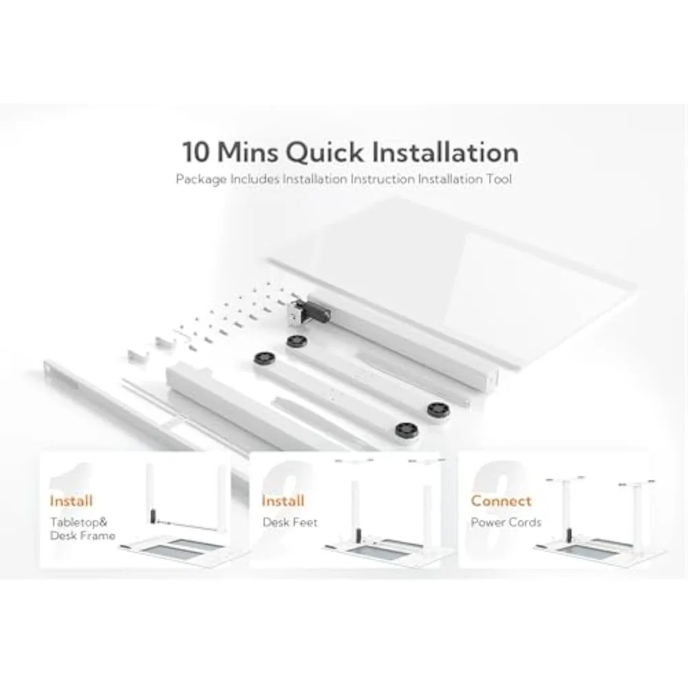 Glass Standing Desk, 48x24 Inch White Standing Desk Adjustable Height Electric Stand Up Quick Install for Computer Desks