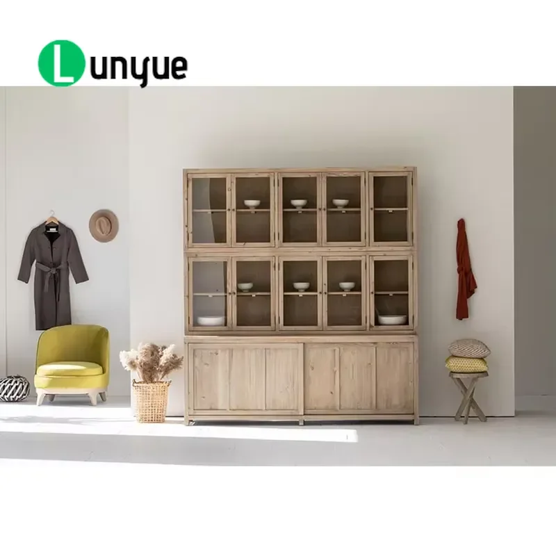 Recycled Pine Mobile Solid Wood Kitchen Wine Cabinet Living Room Display Storage Unit Eco Friendly Furniture for Home Bar