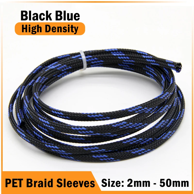 1/5/10/50m Black-Blue PET Braid Sleeves 2/4/6/8/10/12/14/16/20/25/30/40/50mm High Density Insulated Snake Skin Cable Wrap Sheath