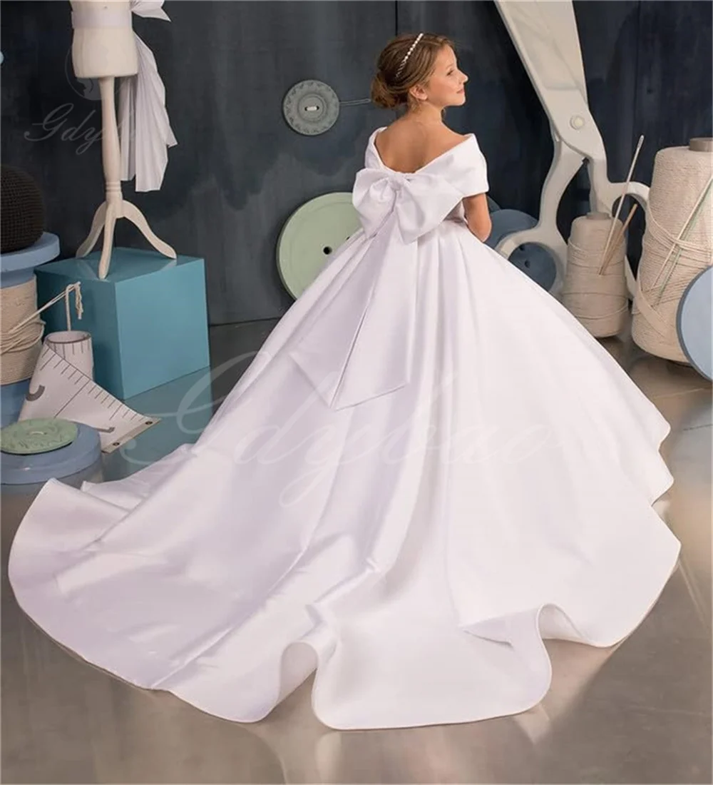 Dew Shoulder Satin Ivory Flower Girl Dress Off  Princess Dresses  Holy Communion Princess for Wedding Customized Ball Gown