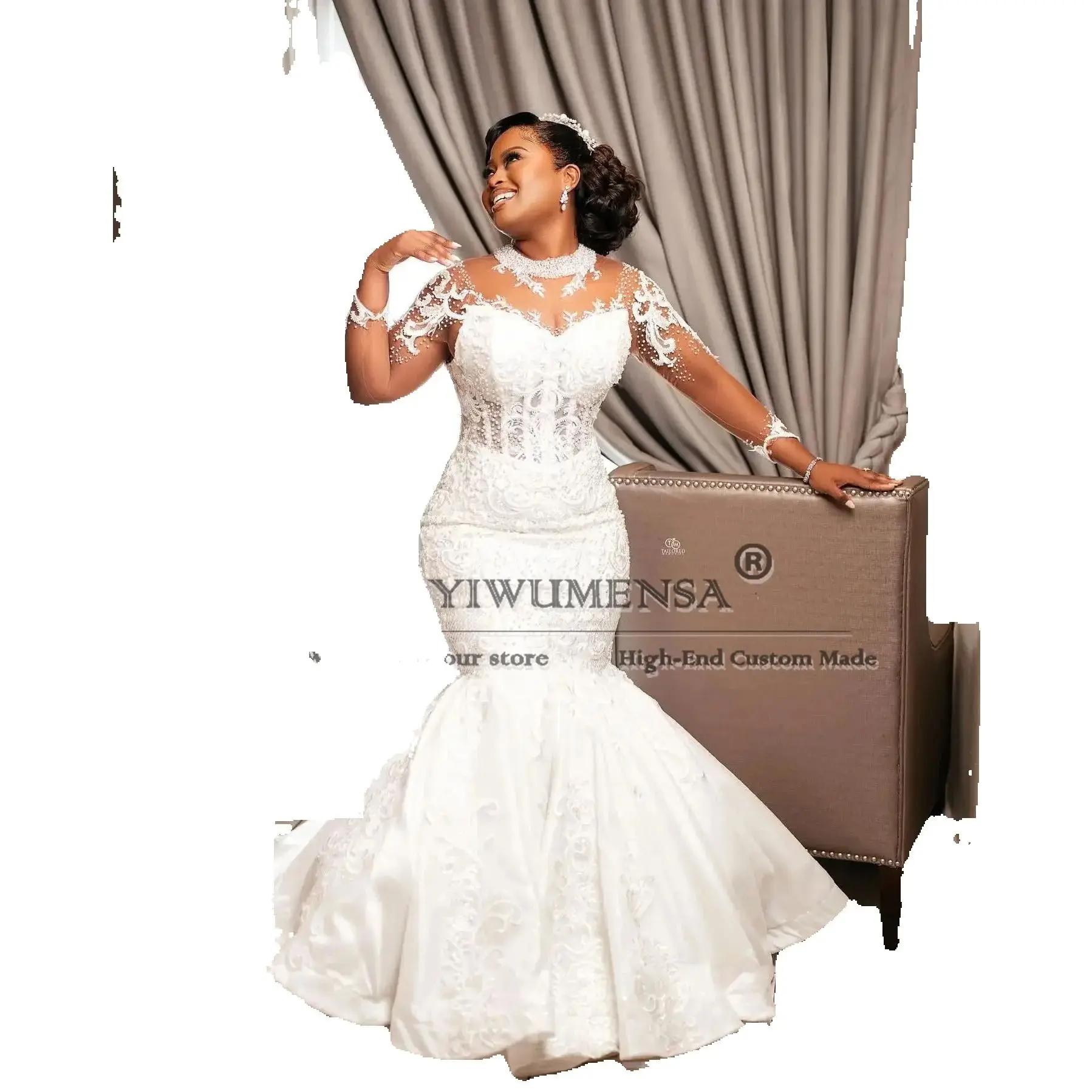 아소 에비 머메이드 O넥 웨딩드레스 신부용 일루젼 긴 소매 레이스 아플리케 브라이덜 가운 맞춤형 로브 드 마리에