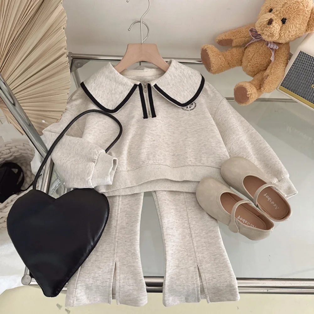 1183 Children Clothing Set 2026 Autumn New Korean Fashion Baby Girl's Suit Doll Collar Sweater +Pants Casual Two-piece Suit