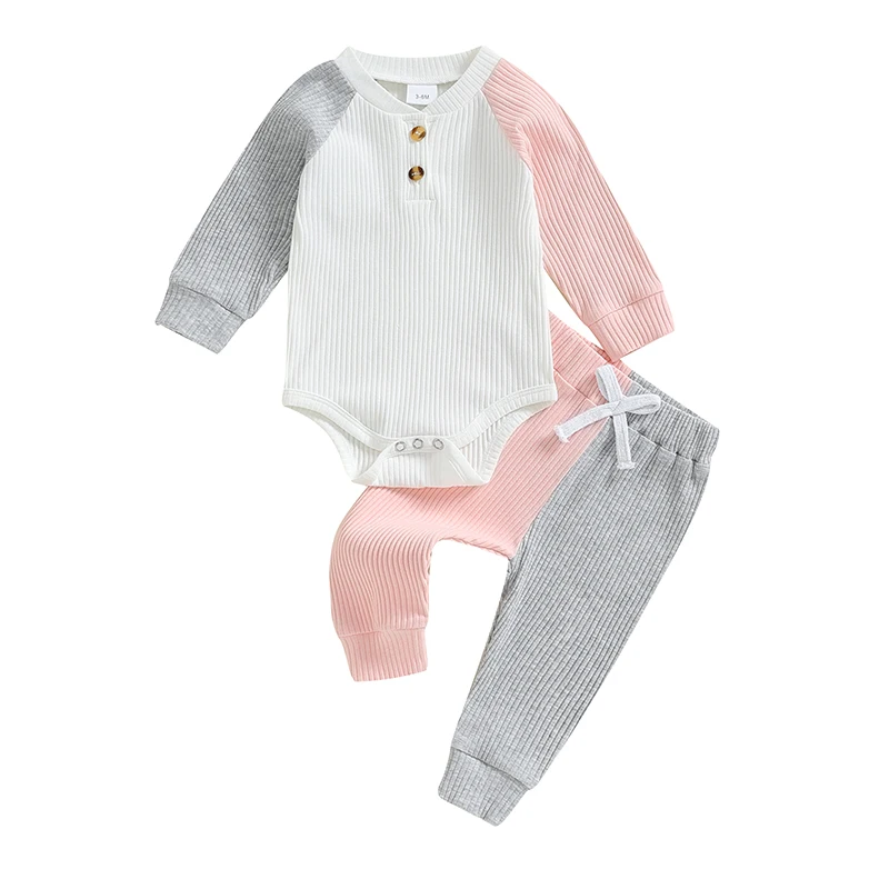 

Baby Girl Contrast Color Outfit Newborn Fall Winter Warm Clothes Long Sleeve Ribbed Romper Top and Elastic Pant Set