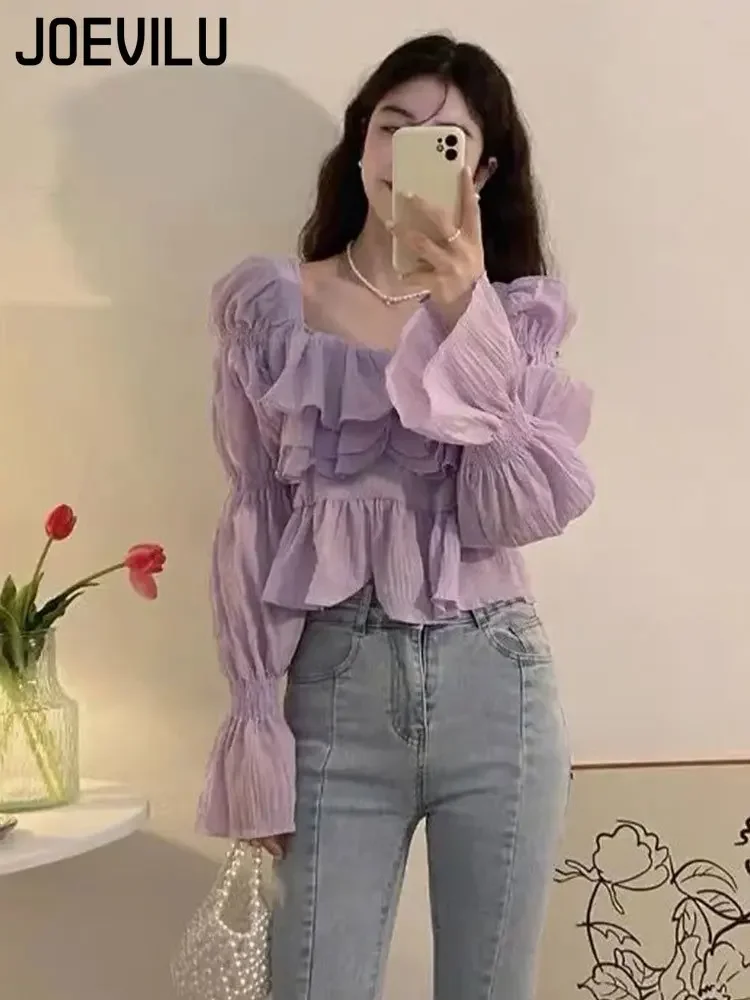 JOEVILU Purple Long Sleeve Shirt Square Collar Sweet Fairy Flared Sleeve Blouses Summer Korean Fashion Slim Fit Women\'s Tops