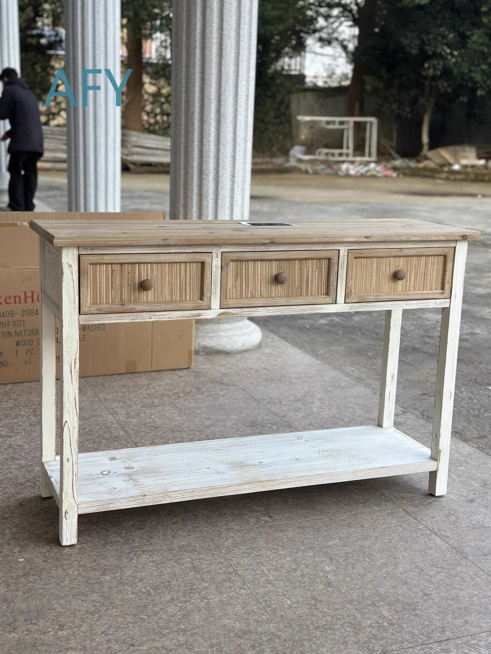 Console Table with 3 Drawers for Farmhouse Decor Distressed White Wood Rattan Front Entryway Sofa Table Living Room Hallway