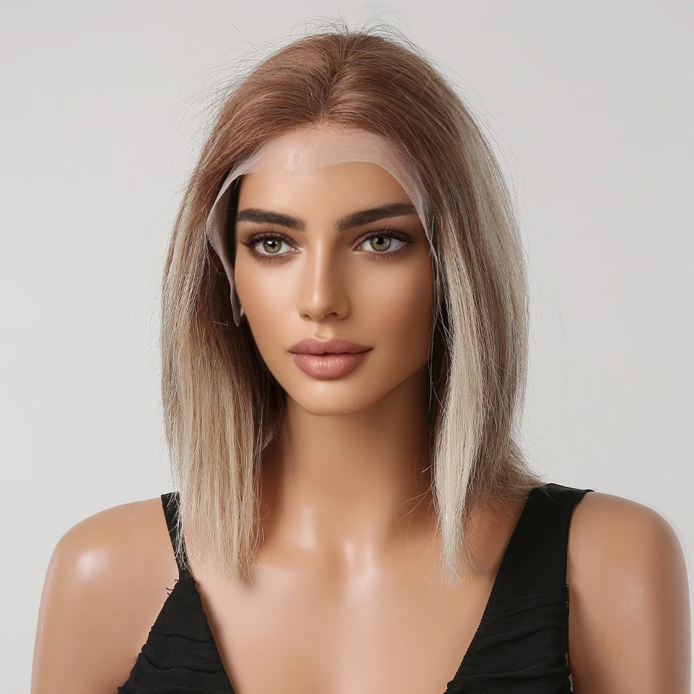 Bayalage Blonde Brown Human Hair Wig Ombre Short Lace Frontal Wig Bone Straight Remy Hair T-Part Lace Wigs for Women Natural