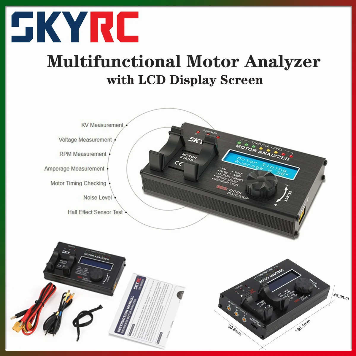 

SKYRC Motor Analyzer Electric Brushless Motor Tester 7.4-8.4V with LCD Display Screen for RC Cars Measuring KV Value Noise Level