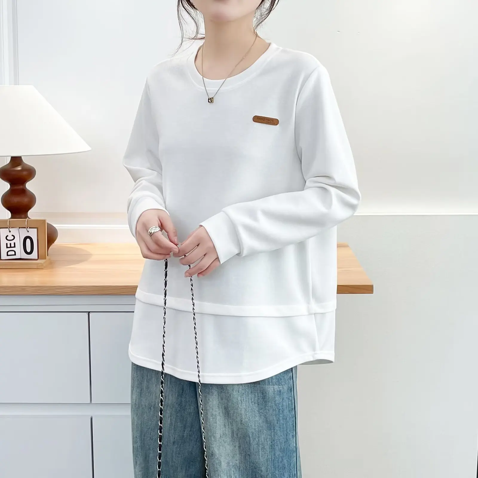 XXXXL موضة حجم كبير بلوزات المرأة الخريف جديد بسيط عادية المسمى وهمية 2 قطعة بأكمام طويلة 633 #3