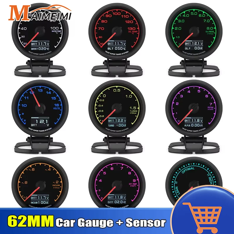 62mm Digital & Pointer Tachometer Oil pressure Turbo Oil Water Temp Meter + Sensor Volt Vacuum EXT Temp Meter 7 Colors LED Gauge