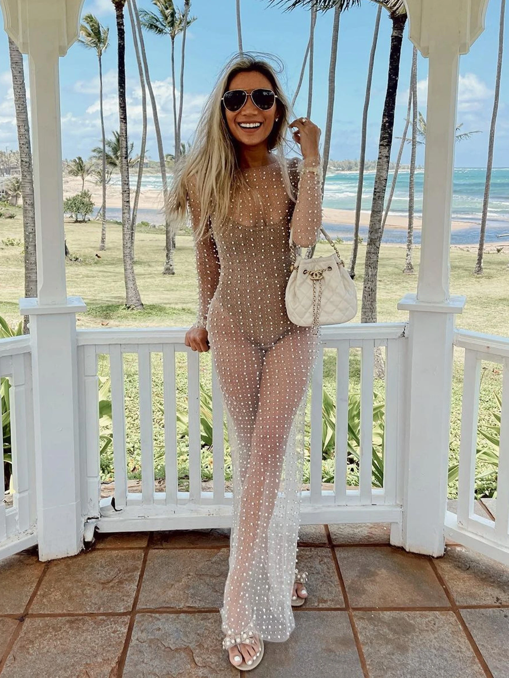 แฟชั่นเซ็กซี่ลูกปัด Rhinestone Smocked ตาข่ายชุดแขนยาว 2025 ผู้หญิงฤดูร้อน Elegant Party Maxi ชุด Sundress A3190