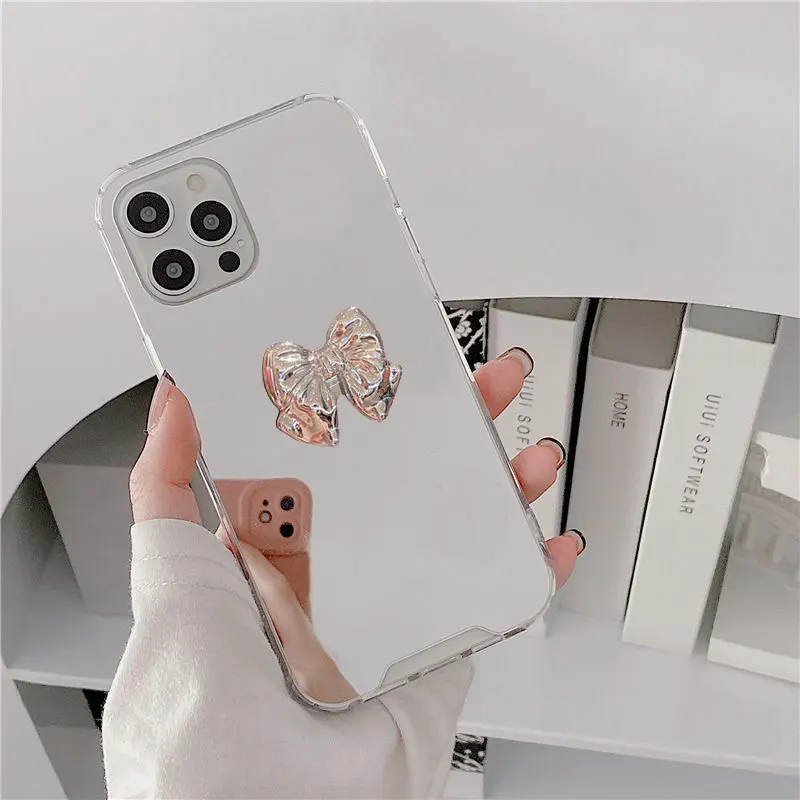 For Samsung Note 10 20 Ultra S25 S24 S23 S22 Plus S21 Ultra S20 FE S10 S9 3D Silver Heart Bear Mirror Case Cover