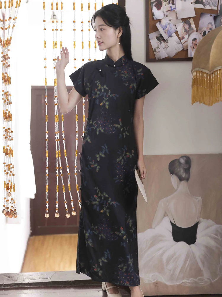 

Элегантное платье в стиле ретро с разрезом, средней длины, в китайском национальном стиле, высокое качество