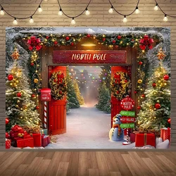 Product material Polyester, Arctic red wooden door Christmas Village, fairy tale snow forest snowman, reindeer, elves, Santa's s